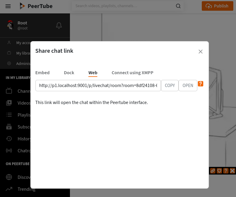 Screenshot des Peertube-Formulars für die Live-Übertragung (/peertube-plugin-livechat/images/new_live.png?classes=shadow,border&height=200px “Neuer Livestream”)
Auf der Registerkarte “Plugin-Einstellungen” gibt es ein Kontrollkästchen “Chat nutzen”. Aktivieren oder deaktivieren Sie es einfach, um den mit Ihrem Video verbundenen Chat zu aktivieren oder zu deaktivieren.
Je nachdem, welche Plugins auf Ihrer Peertube-Instanz installiert sind, können sich auf dieser Registerkarte weitere Einstellungen befinden.
Chat pro Kanal
Auf der Instanz-Ebene können die Peertube-Administratoren wählen, ob die Chat-Räume pro Video einzigartig sind, oder ob es einen einzigartigen Chat-Raum pro Kanal gibt. Bitte kontaktieren Sie die Administratoren Ihrer Instanz für weitere Informationen zur Konfiguration des Livechat-Plugins.
Teilen Sie den Chat
Oben auf dem Chat gibt es eine Schaltfläche “Chat Link teilen”.
Diese Schaltfläche öffnet ein Popup-Fenster, in dem Sie eine URL erhalten, mit der Sie dem Chat beitreten können. Diese Url kann weitergegeben werden.
Auf der Registerkarte “Einbetten” finden Sie einige Links zum Einbetten des Chats in Websites oder in Ihre Livestream.
Sie können einige Optionen individuell anpassen:
- Nur-Lesen: Sie können den Chat nur lesen, nicht schreiben. Dies ist nützlich, um den Inhalt des Chats in Ihren Live-Stream einzubinden (siehe die OBS Dokumentation).
- Die derzeitigen Themenfarben nutzen: wenn diese Option aktiviert ist, werden die Farben des aktuellen Themas zur URL hinzugefügt, so dass jeder Benutzer, der den Link öffnet, dieselbe Farbe erhält.
- IFrame-Element erstellen, um den Chat in eine Webseite zu integrieren: Anstelle einer URL erhalten Sie ein HTML-Snippet, das Sie in Ihre Website einfügen können, um den Chat einzubetten.
Weitere Informationen über die Registerkarte “Dock” finden Sie in der OBS-Dokumentation.
Auf der Registerkarte “Web” öffnet die angegebene URL den Chat in der Peertube-Oberfläche. Sie können diesen Link an andere Benutzer weitergeben, um sie zum Chat einzuladen.
![Screenshot des “Chat Link teilen”-Dialogs auf der Registerkarte “Web”. Es gibt eine Url, die Sie kopieren können